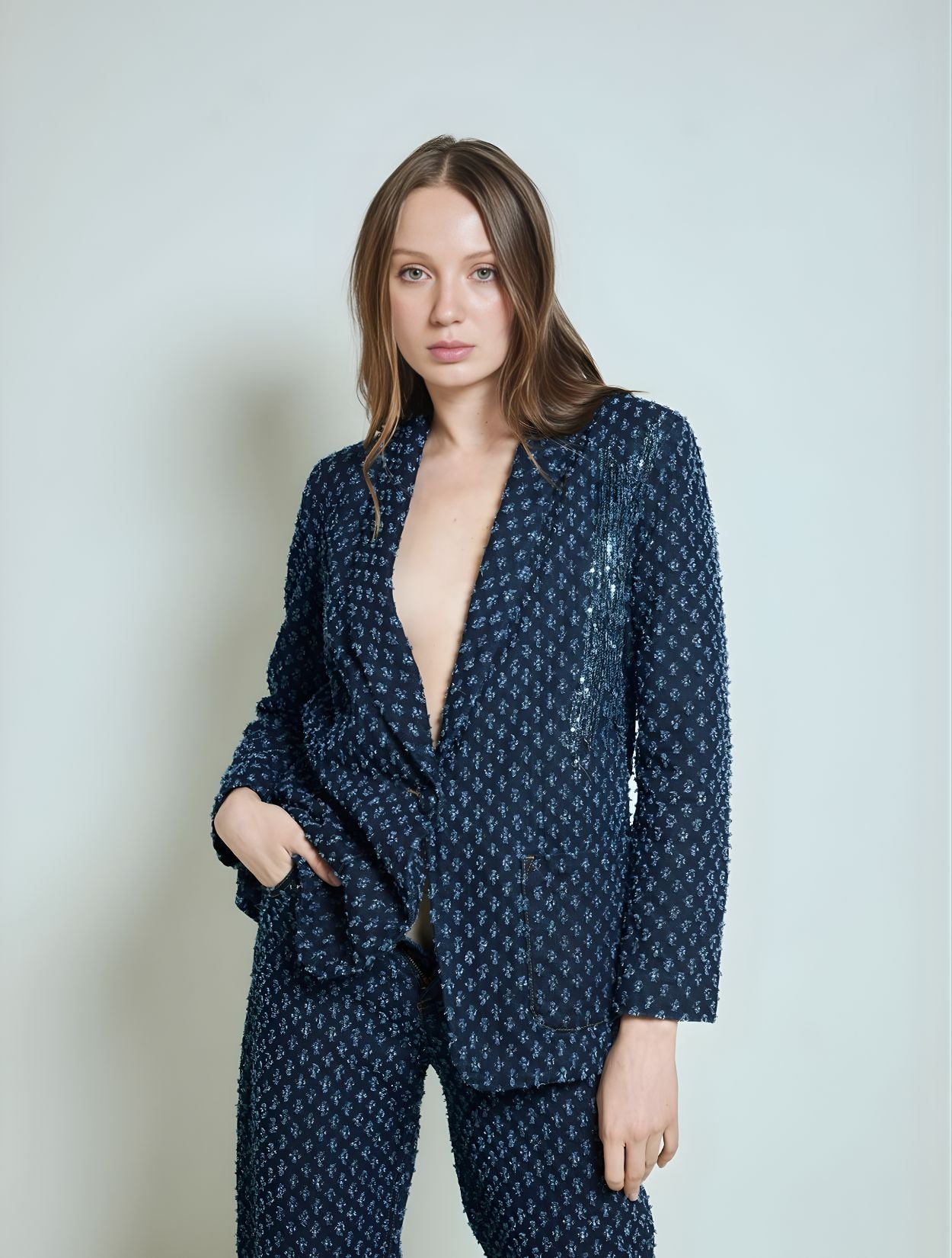 Blazer de sastre elegante, Chaqueta, A Modo Mio, Azul Marino, Talla única, Ángulo frontal de medio cuerpo.