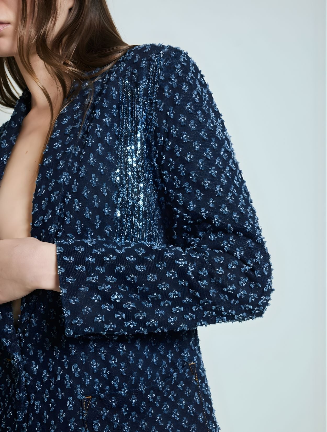 Blazer de sastre elegante, Chaqueta, A Modo Mio, Azul Marino, Talla única, Ángulo lateral de medio cuerpo.