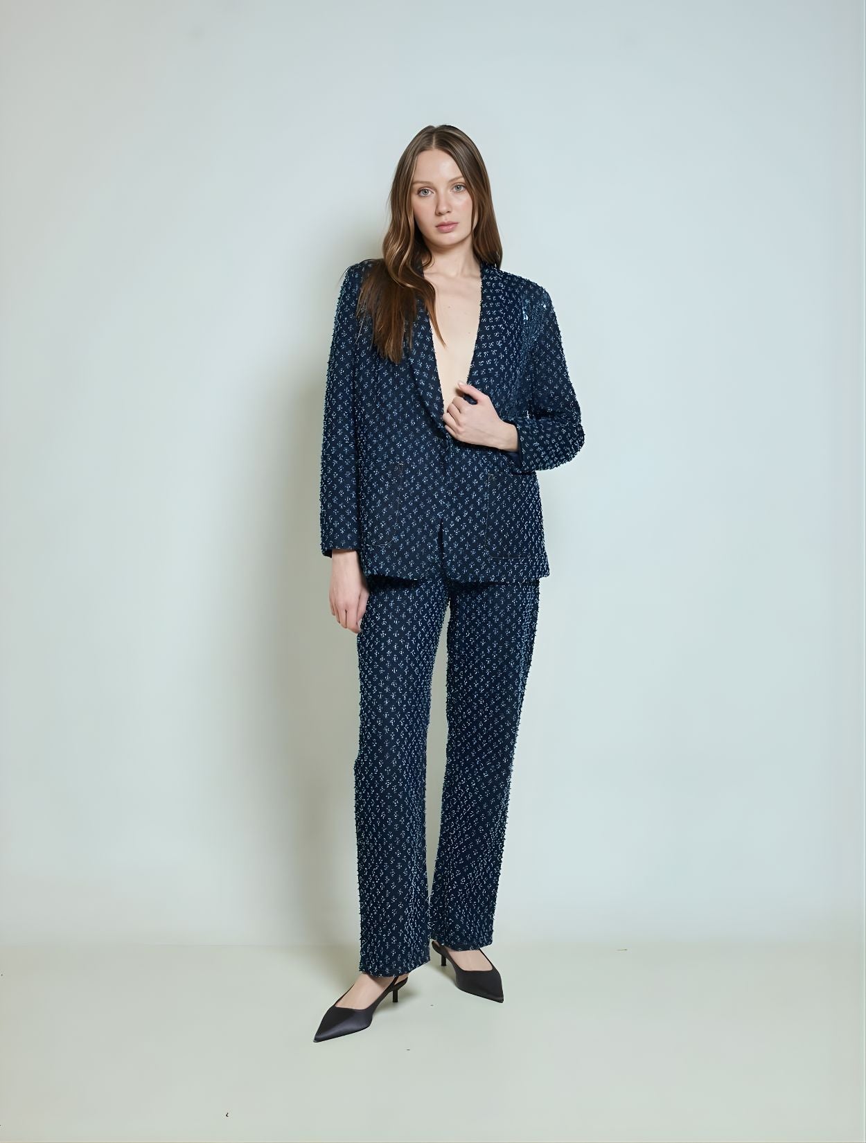 Blazer de sastre elegante, Chaqueta, A Modo Mio, Azul Marino, Talla única, Ángulo frontal de cuerpo entero.