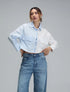 Camisa en algodón azul a rayas con bordado Time para mujer – Juliana Sanchez | Casa Precis, Concept Store. Primer plano.
