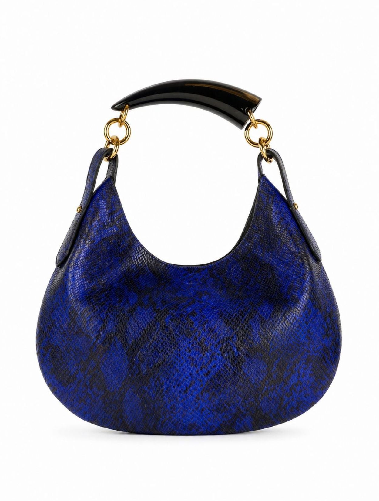 Cartera Magnolia pequeña de la marca Legado en cuero con grabado de pitón azul eléctrico y asa escultural de cuerno con eslabones dorados – Bolso de lujo de autor hecho en Colombia | Casa Precis, Concept Store
