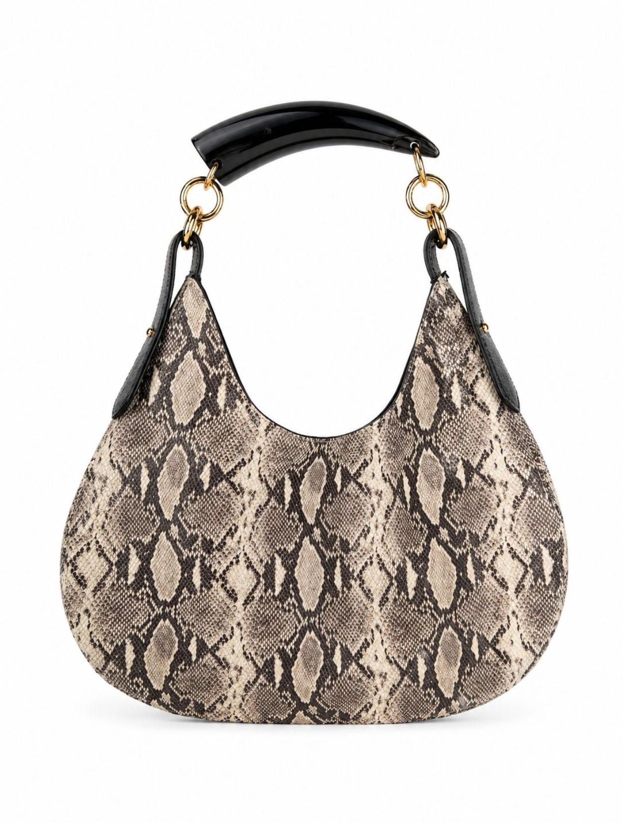 Cartera Magnolia pequeña de la marca Legado en cuero con grabado de pitón color taupe y asa escultural de cuerno con eslabones dorados – Bolso de lujo de autor hecho en Colombia | Casa Precis, Concept Store