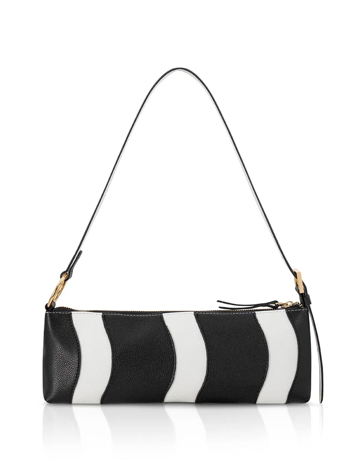 Cartera Génova de VLN tipo baguette en cuero de becerro con diseño de ondas en blanco y negro – Moda colombiana de lujo | Casa Precis, Concept Store. Primer plano.