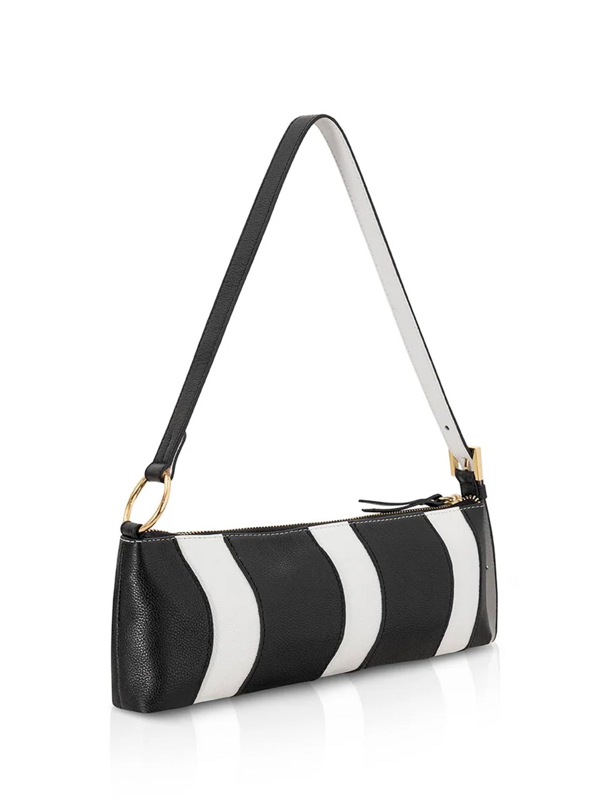 Cartera Génova de VLN tipo baguette en cuero de becerro con diseño de ondas en blanco y negro – Moda colombiana de lujo | Casa Precis, Concept Store. Tercer plano.