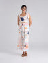 Falda midi en dril marfil con bordado Happy Life para mujer – Juliana Sanchez | Casa Precis, Concept Store. Primer plano.
