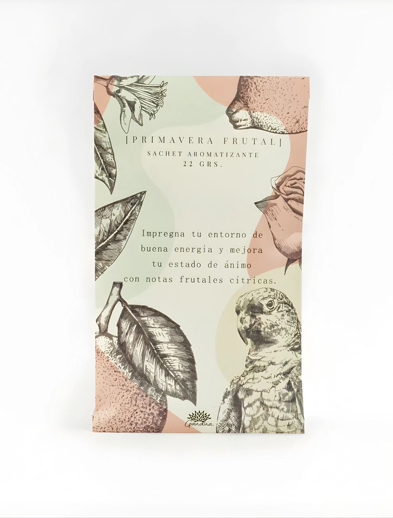 Sachet de papel artesanal aroma Primavera Frutal de la marca colombiana Gandha. Accesorio original de lujo colombiano y esencia de marcas colombianas para clósets, disponible en nuestro concept store.