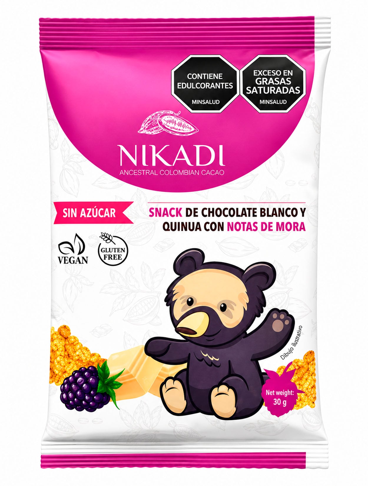 Empaque de snack NIKADI de chocolate blanco con quinoa y notas de mora, sin azúcar, vegano y libre de gluten. Ilustración de oso de anteojos sobre fondo blanco y magenta – Confitería de autor colombiana | Casa Precis, Concept Store
