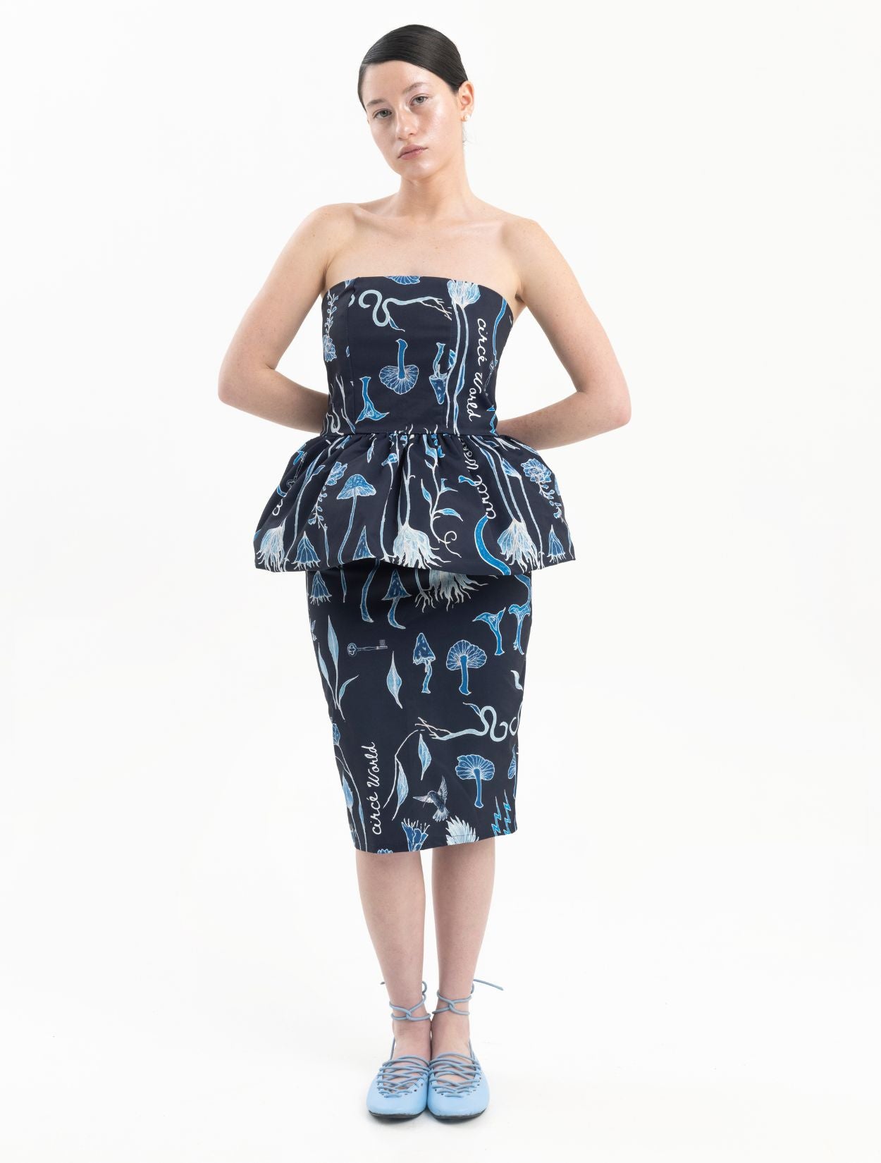 Helios Strapless Peplum Estampado Azul | Circe
