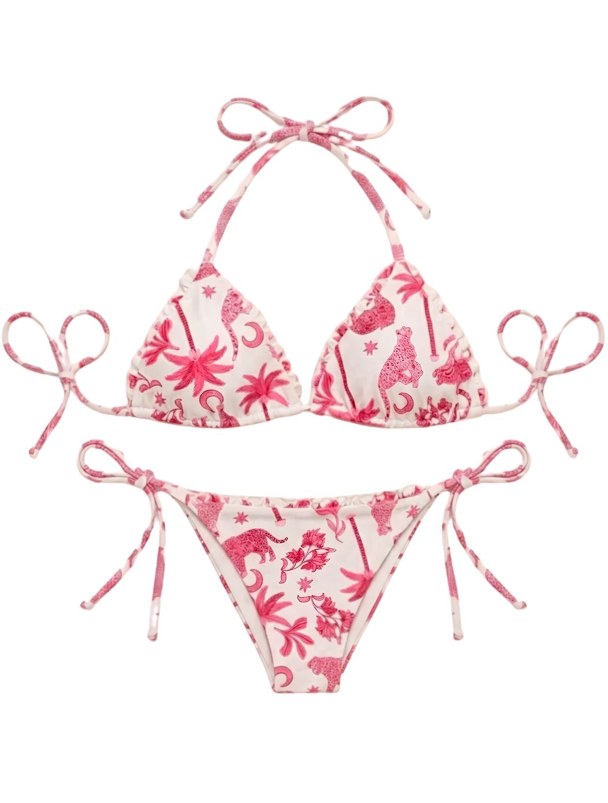 Bikini de dos piezas Panther Pink de la marca Flor Amazona con estampado gráfico de panteras sobre fondo rosa de diseño de autor – Vestido de baño de lujo hecho en Colombia | Casa Precis, Concept Store
