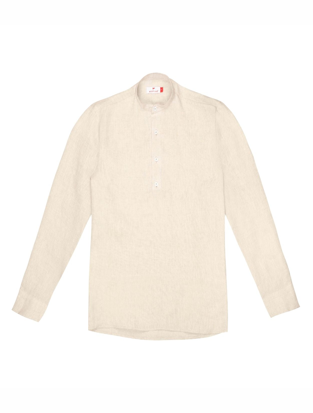 Camisa de Lino Premium Color Crudo de Manga Corta y Silueta Relajada de la marca colombiana Red Flag x Casa Precis, Concept Store