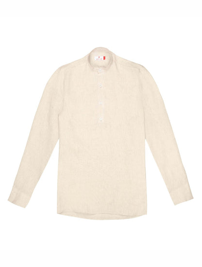 Camisa de Lino Premium Color Crudo de Manga Corta y Silueta Relajada de la marca colombiana Red Flag x Casa Precis, Concept Store