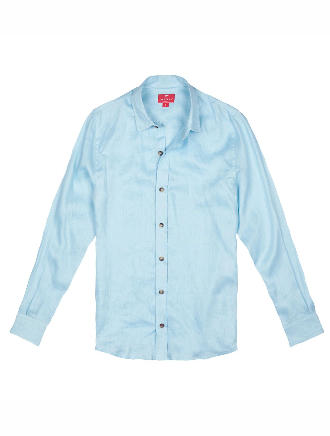 Camisa de lino premium en color azul claro de manga larga de la marca Red Flag – Ropa de lujo en fibras naturales y diseño de autor hecho en Colombia | Casa Precis, Concept Store