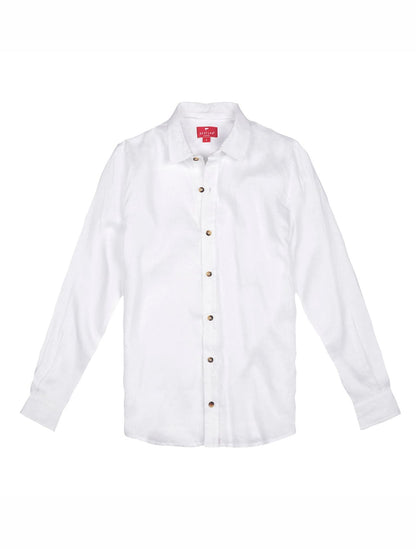 Camisa de lino premium en color blanco de manga larga de la marca Red Flag – Ropa de lujo en fibras naturales y diseño de autor hecho en Colombia | Casa Precis, Concept Store