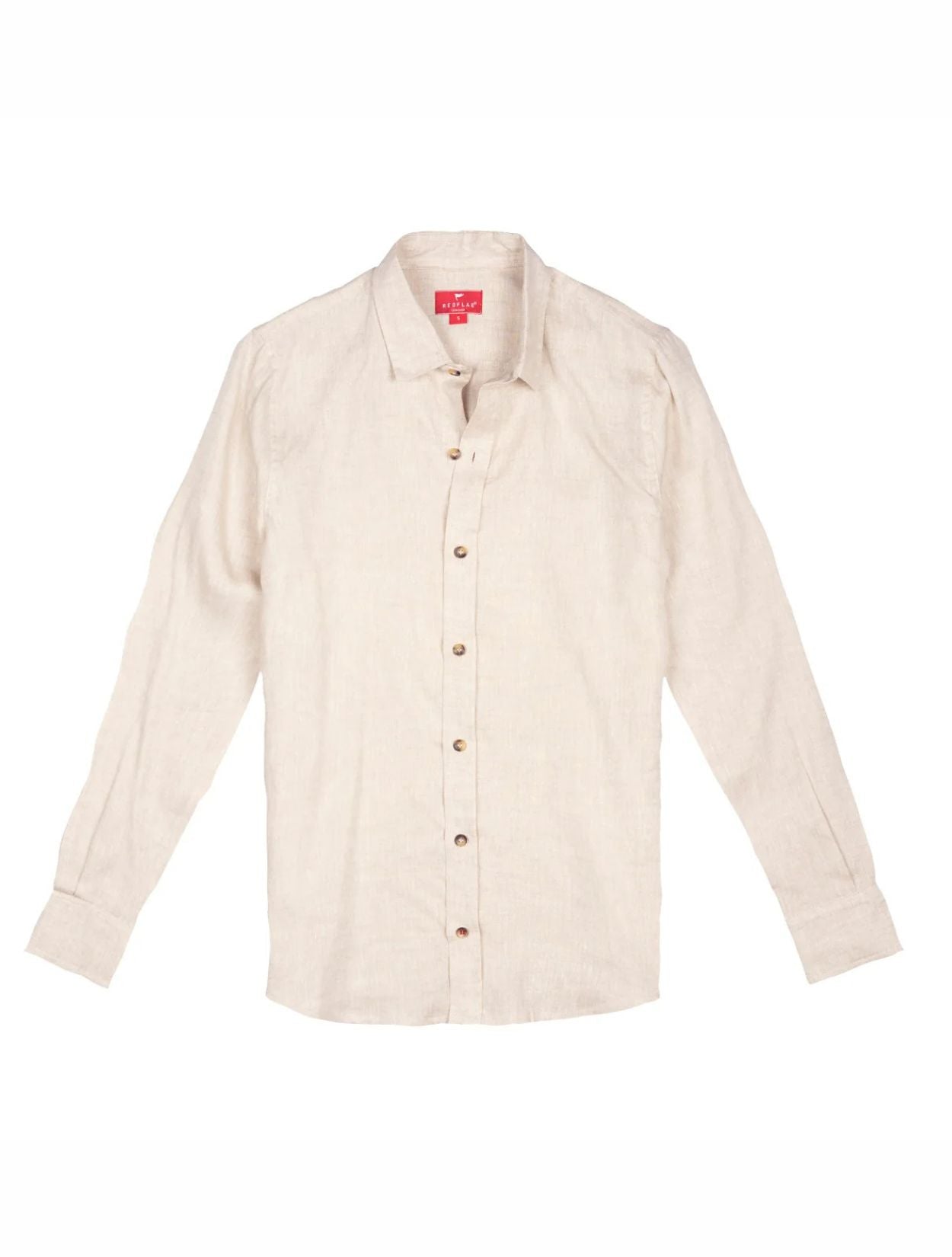 Camisa de Lino Premium Color Crudo de Manga Larga y Silueta Relajada de la marca colombiana Red Flag x Casa Precis, Concept Store