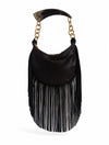 Cartera Atina de la marca Legado en pelo natural negro con flecos de cuero y asa escultural de cuerno con eslabones dorados – Bolso de lujo de autor hecho en Colombia | Casa Precis, Concept Store