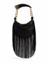 Cartera Atina de la marca Legado en pelo natural negro con flecos de cuero y asa escultural de cuerno con eslabones dorados – Bolso de lujo de autor hecho en Colombia | Casa Precis, Concept Store
