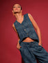 Chaleco Savanna en denim desestructurado de Kathe Zapata con diseño asimétrico y artesanal – Moda colombiana de lujo urbano | Casa Precis, Concept Store