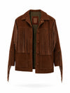 Chaqueta de cuero con flecos en color arena de la marca Reghio con botones forrados y diseño de autor – Chaqueta de lujo hecha en Colombia | Casa Precis, Concept Store