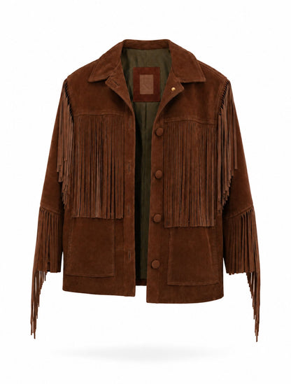 Chaqueta de cuero con flecos en color arena de la marca Reghio con botones forrados y diseño de autor – Chaqueta de lujo hecha en Colombia | Casa Precis, Concept Store