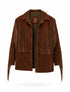 Chaqueta de cuero con flecos en color arena de la marca Reghio con botones forrados y diseño de autor – Chaqueta de lujo hecha en Colombia | Casa Precis, Concept Store