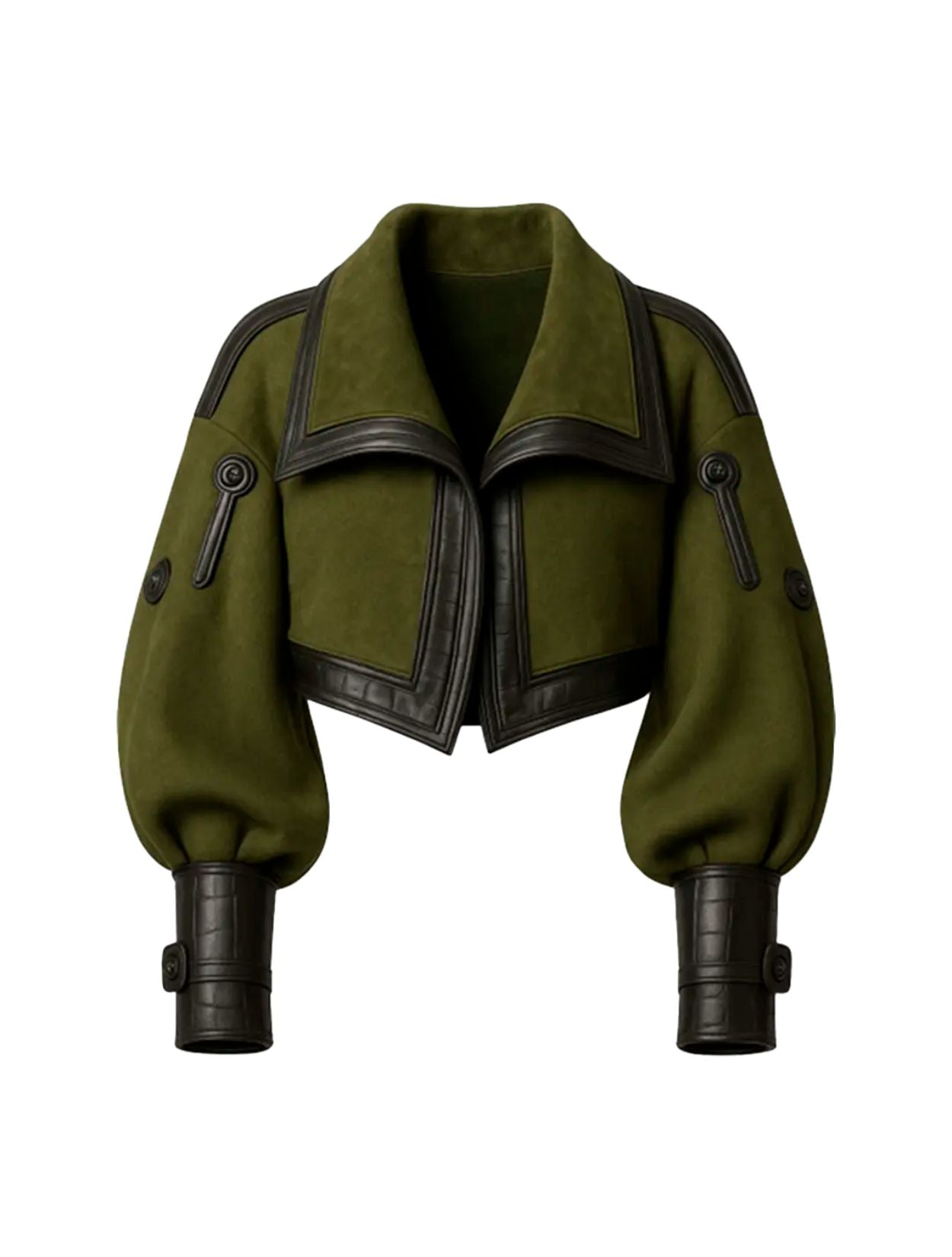 Chaqueta Armadura de la marca Alejandro Rougt en cuero gamuzado color verde oliva de diseño sastrero escultural – Chaqueta de autor hecha en Colombia | Casa Precis, Concept Store