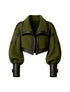 Chaqueta Armadura de la marca Alejandro Rougt en cuero gamuzado color verde oliva de diseño sastrero escultural – Chaqueta de autor hecha en Colombia | Casa Precis, Concept Store