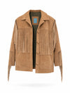 Chaqueta de cuero con flecos en color arena de la marca Reghio con botones forrados y diseño de autor – Chaqueta de lujo hecha en Colombia | Casa Precis, Concept Store