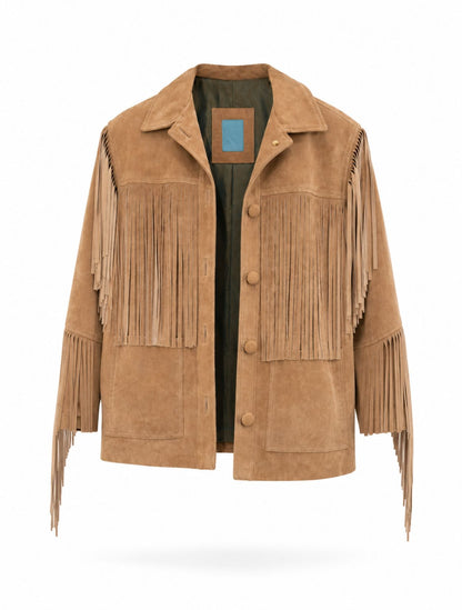 Chaqueta de cuero con flecos en color arena de la marca Reghio con botones forrados y diseño de autor – Chaqueta de lujo hecha en Colombia | Casa Precis, Concept Store