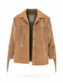 Chaqueta de cuero con flecos en color arena de la marca Reghio con botones forrados y diseño de autor – Chaqueta de lujo hecha en Colombia | Casa Precis, Concept Store