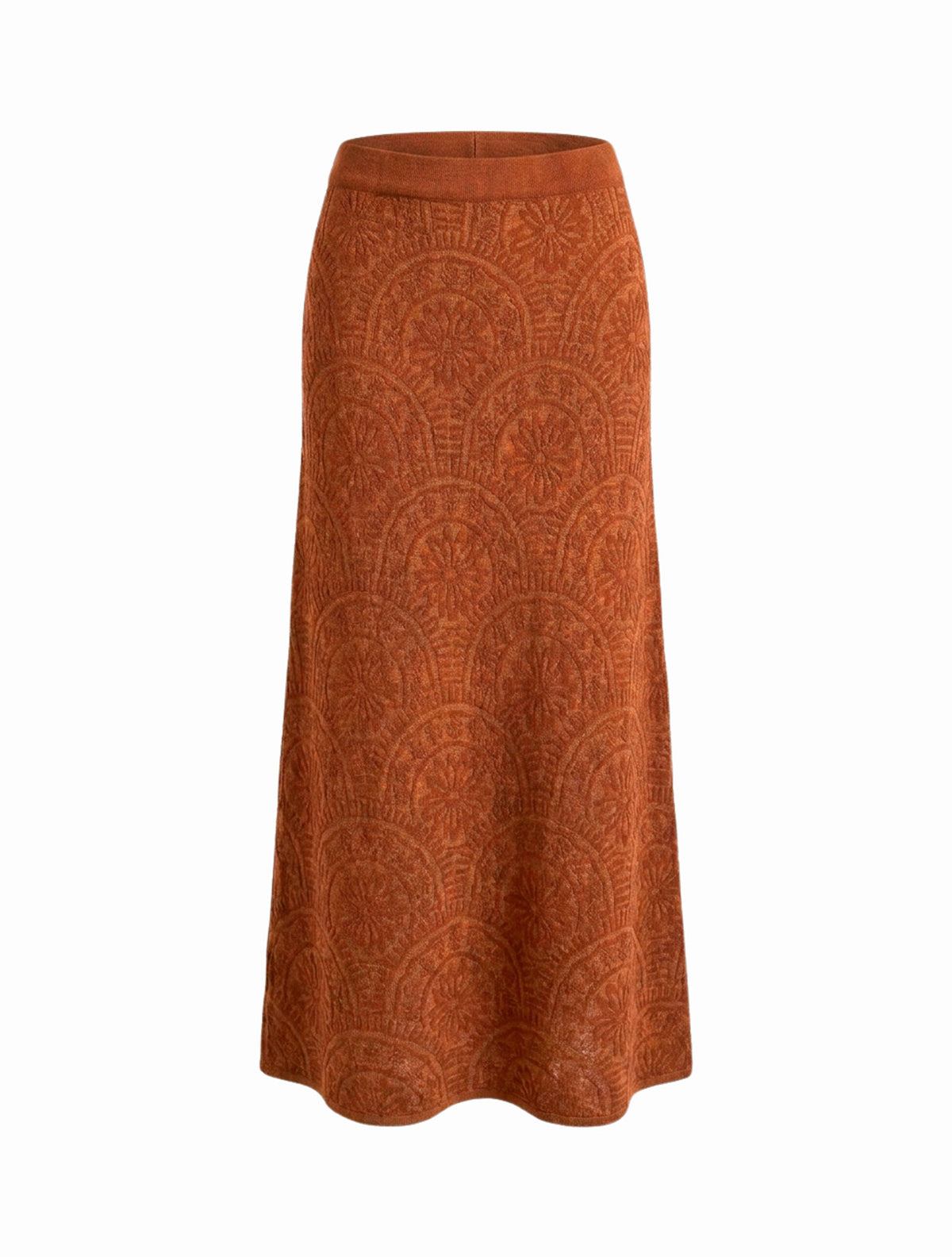 Falda Midi Tejida Jacquard Terracota | Estilo Boho Otoño
