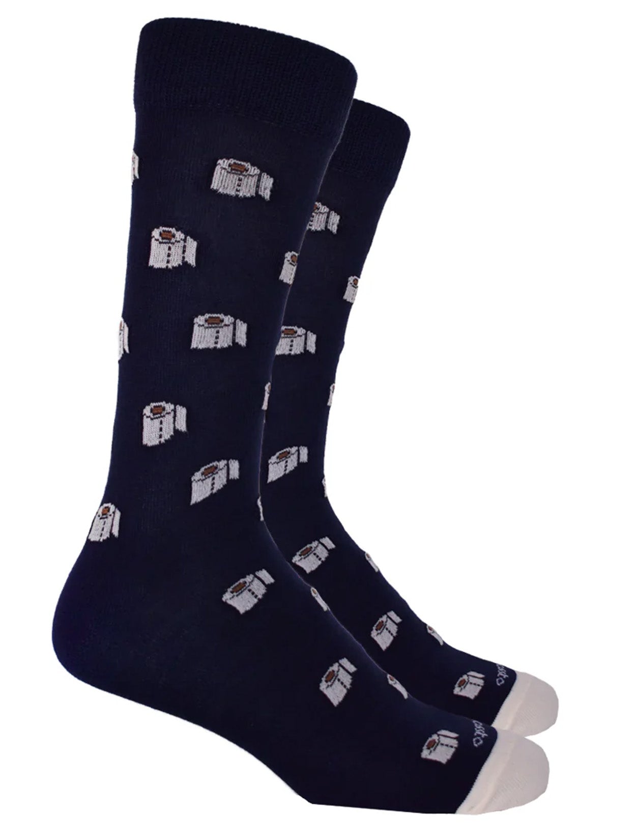 Medias color azul con bordado de rollos de papel higiénico de la marca Bassto – Accesorios de moda colombiana de lujo y diseño gráfico de autor | Casa Precis, Concept Store