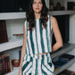 Pantalón denim de rayas verticales de la marca Diana Buelvas con diseño estructurado y tiro alto – Moda colombiana de lujo urbano y silueta moderna | Casa Precis, Concept Store