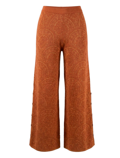 Pantalón Ancho Tejido con Jacquard Étnico y Botones Laterales – Color Terracota