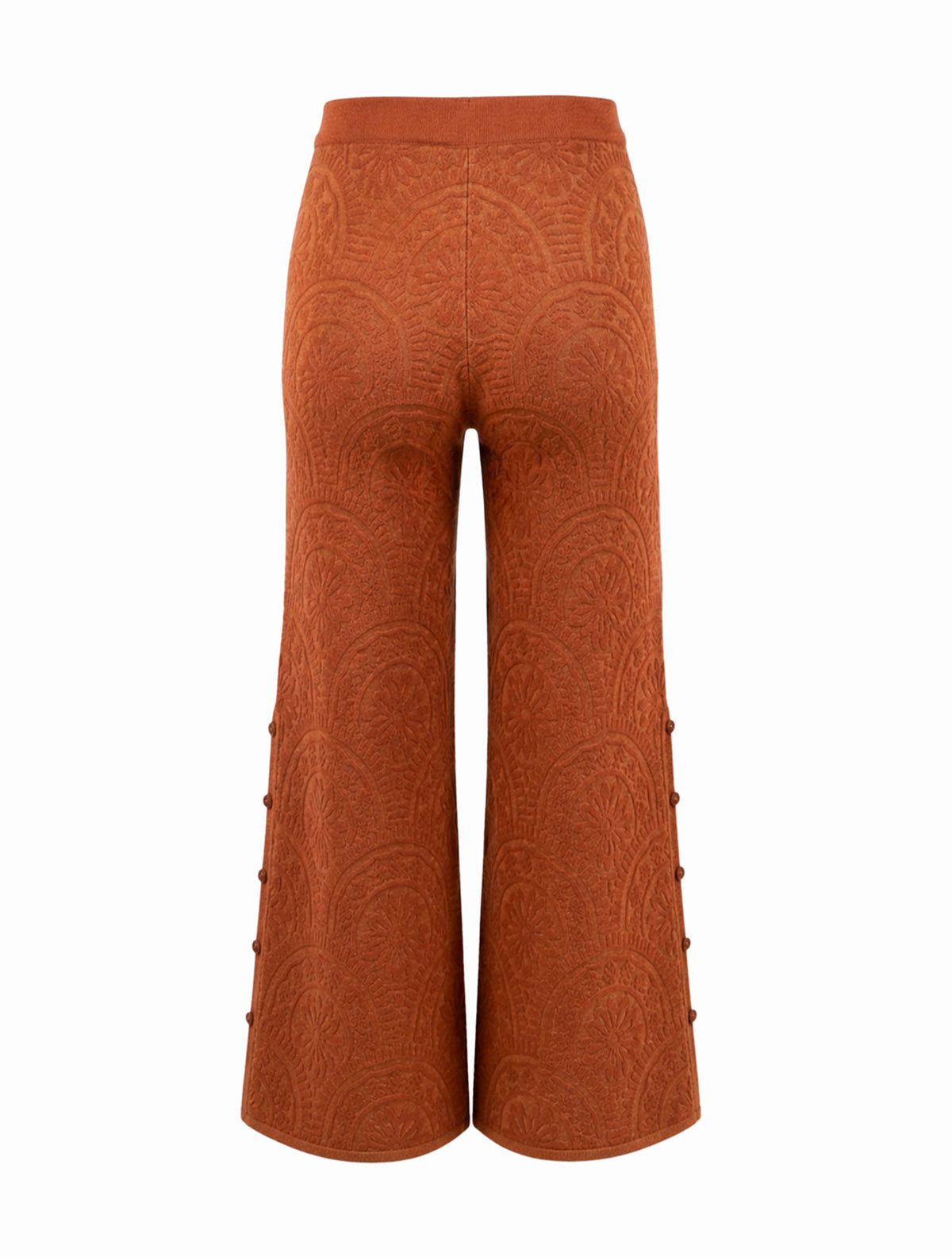 Pantalón Ancho Tejido con Jacquard Étnico y Botones Laterales – Color Terracota
