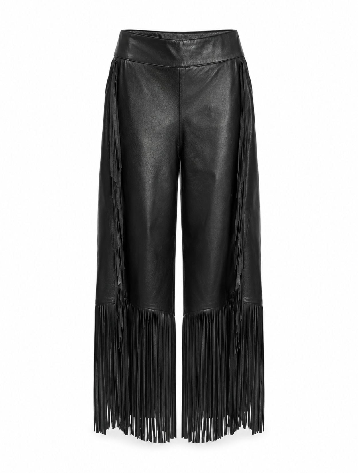 Pantalón culotte de cuero negro con flecos de la marca Reghio con silueta de bota ancha de diseño de autor – Pantalón de lujo hecho en Colombia | Casa Precis, Concept Store