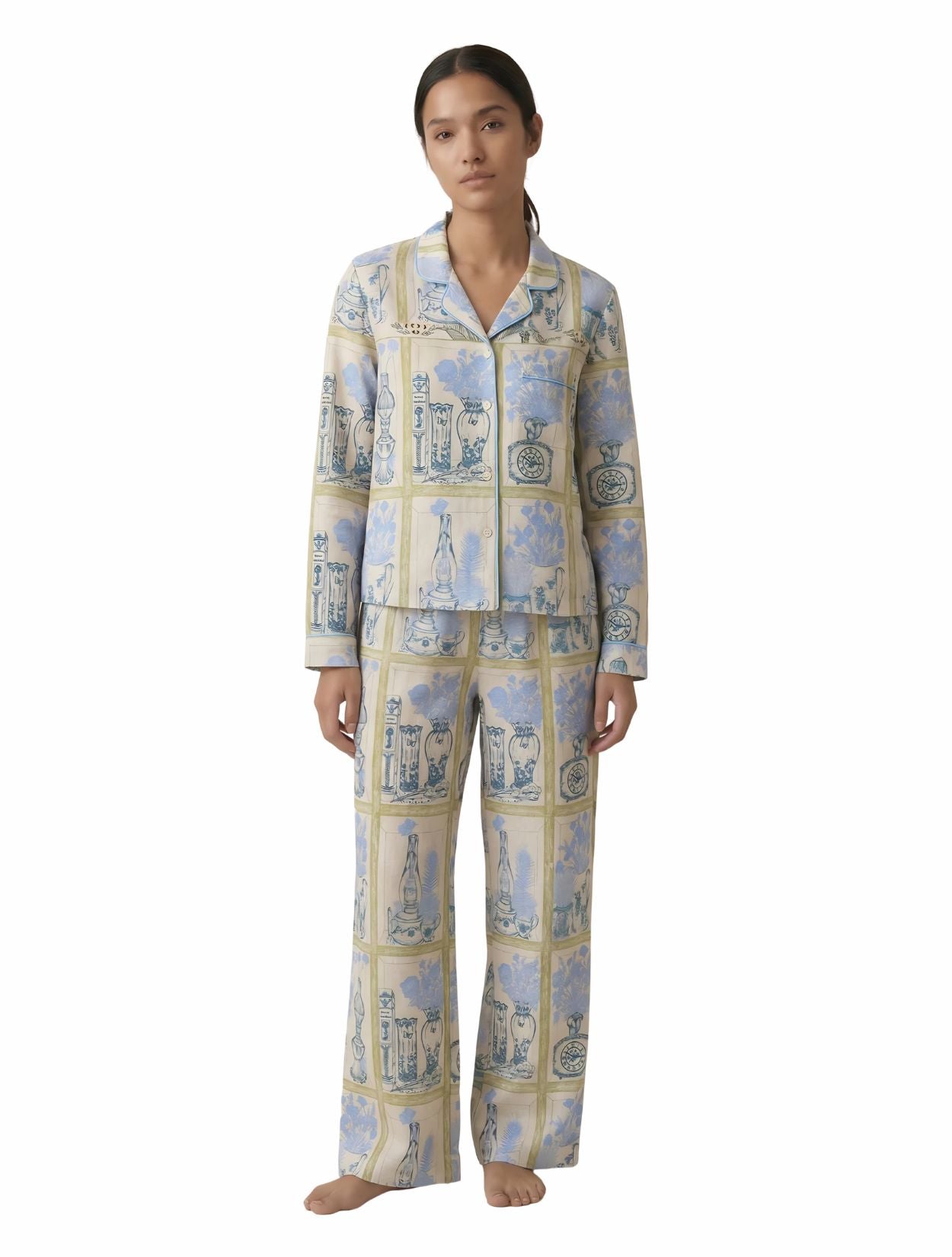 Set de Pantalón y Camisa Acuarela Beige en Viscosa Sostenible de la marca colombiana Alma Pajamas x Casa Precis, Concept Store