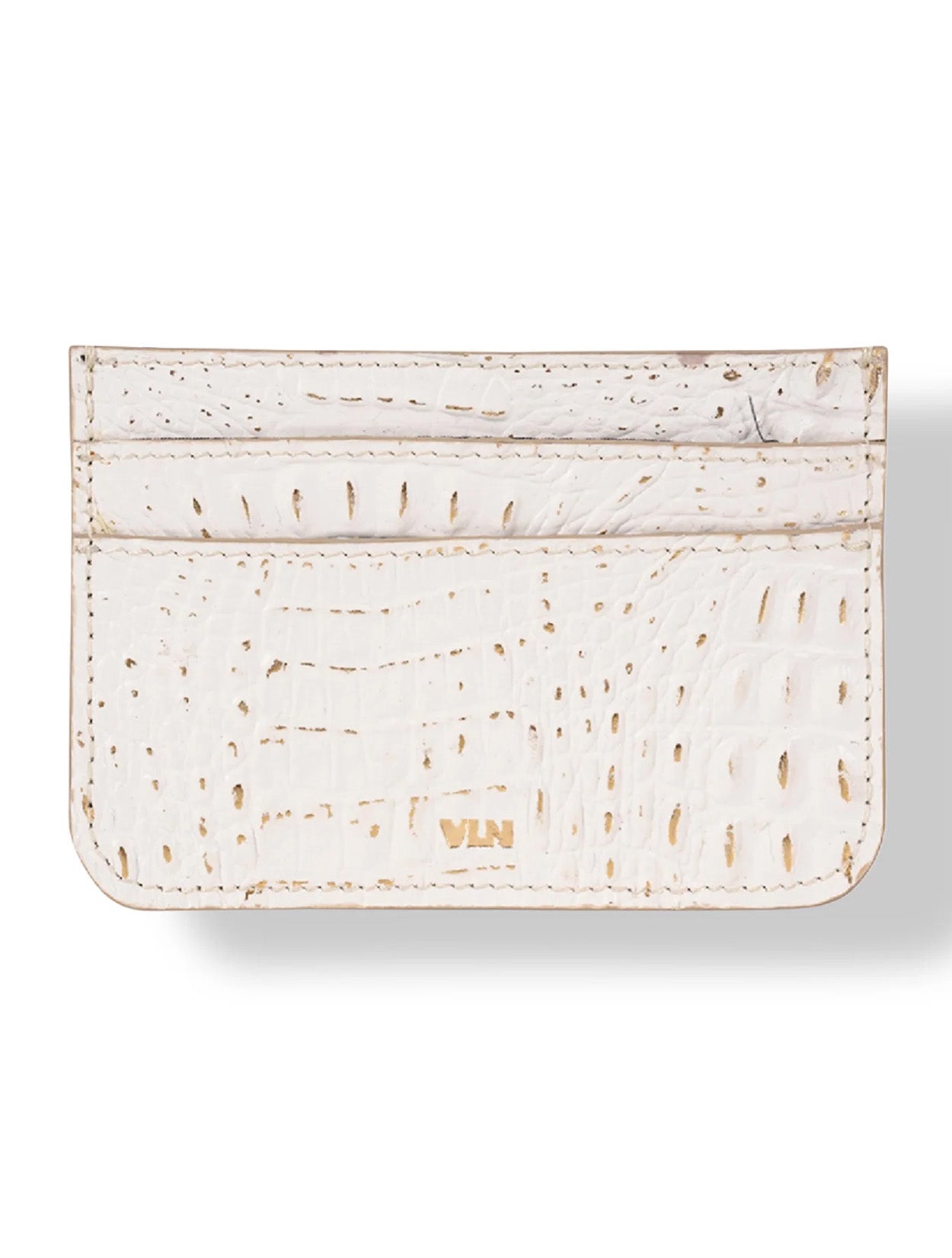 Tarjetero de piel VLN con cuatro ranuras y logo dorado en color multicolor con textura – Accesorio de marroquinería colombiana de lujo | Casa Precis, Concept Store.Primer plano.