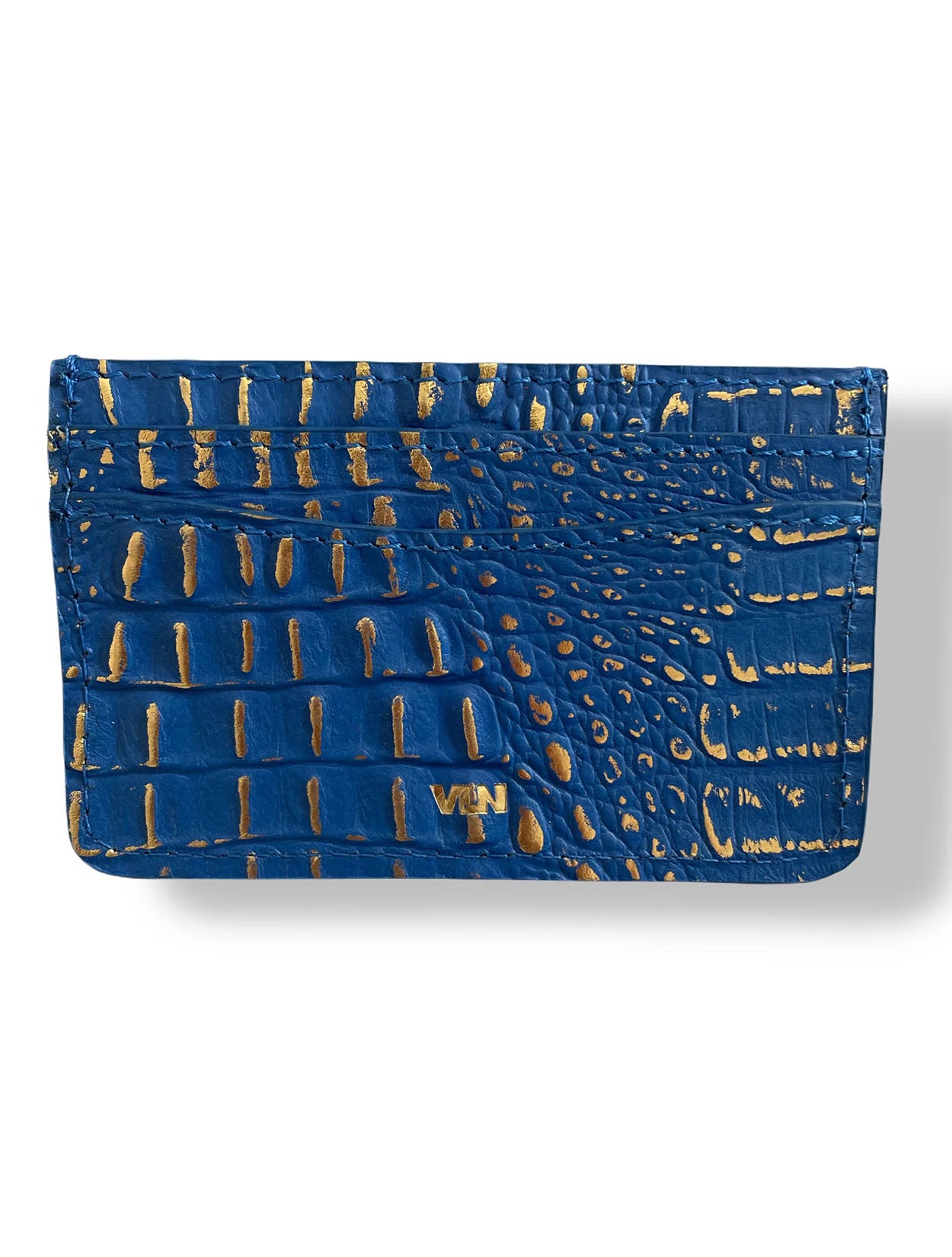 Tarjetero de piel VLN con cuatro ranuras y logo dorado en color azul con textura – Accesorio de marroquinería colombiana de lujo | Casa Precis, Concept Store.