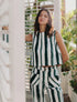 Top corto en denim de rayas verticales de la marca Diana Buelvas con diseño estructurado – Moda colombiana de lujo contemporáneo y estilo urbano | Casa Precis, Concept Store